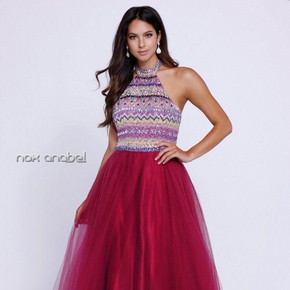 NEW SLEEVELESS A-LINE DRESS WITH HALTER NECKLINE EMBROIDERED WITH BEADS NX 8265 - Picture 1 of 8